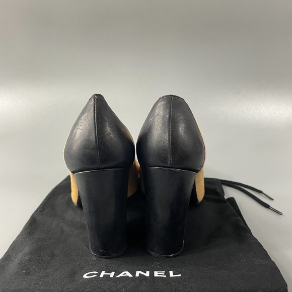 Authentic Chanel Tan and Black Cap-Toe Pumps,  Size 36 - Picture 7 of 12